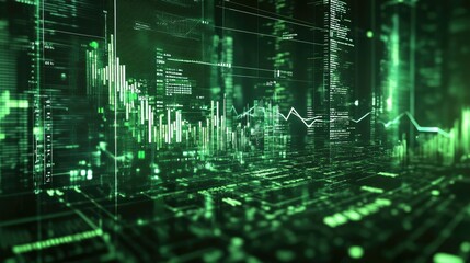 Aufkleber - A high-tech green trading chart overlaid with a cityscape, showing stock market data, trading fluctuations, and digital graphs for a modern financial theme