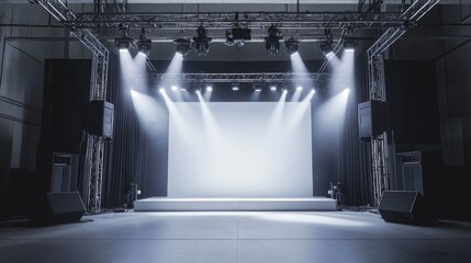 Aufkleber - A high-tech stage with a blank white backdrop, a speaker mounted on a truss system, and focused spotlights, creating a clean, modern setting for an event or performance
