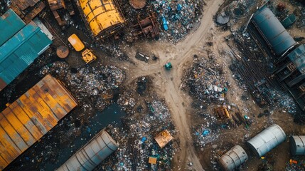 Aufkleber - A landfill filled with industrial waste, including chemicals, metals, and discarded materials, showing the environmental threat posed by improper disposal of industrial refuse