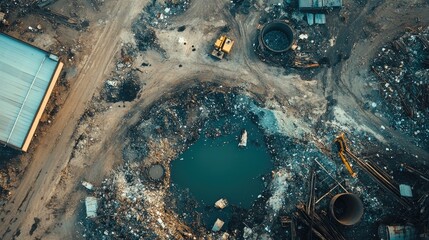 Aufkleber - A landfill filled with industrial waste, including chemicals, metals, and discarded materials, showing the environmental threat posed by improper disposal of industrial refuse