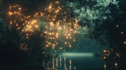 Poster - A magical jungle at night, with glowing trees, floating lights, and an otherworldly ambiance, as if from a fantasy world, with a mystical aura