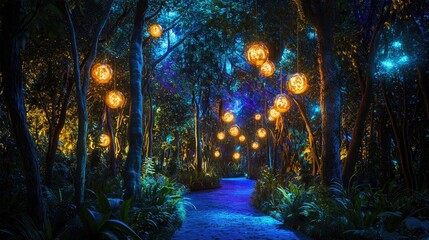 Poster - A magical jungle at night, with glowing trees, floating lights, and an otherworldly ambiance, as if from a fantasy world, with a mystical aura