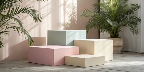 Poster - Minimalist product display with soft pastel cubes and tropical greenery in a light filled room