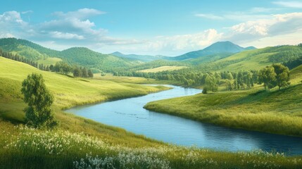 Poster - A peaceful river winding through a green valley, with distant hills and tranquil surroundings, capturing the essence of Helen Keller's personal journey of growth and exploration