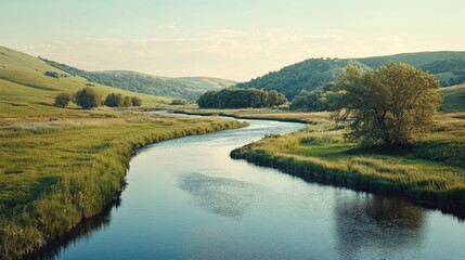 Poster - A peaceful river winding through a green valley, with distant hills and tranquil surroundings, capturing the essence of Helen Keller's personal journey of growth and exploration