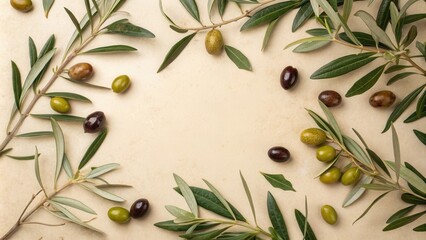 Aufkleber - Olive branches and olives arranged in a frame on a light beige background