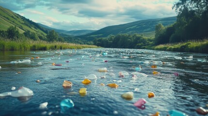Poster - A polluted river with floating plastic waste and chemical contaminants, showcasing the environmental threat of water pollution to aquatic life and ecosystems