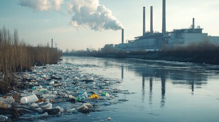 Poster - A polluted river with plastic waste floating alongside an industrial plant, symbolizing the combined threat of industrial waste and plastic pollution in water sources