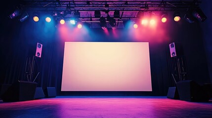 Poster - A professional stage setup with spotlights and a speaker mounted on a truss system, highlighting a blank white backdrop, ready for a performance or presentation