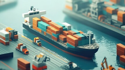 Poster - A scene showing a cargo ship and trucks at a logistics terminal, representing the growth and efficiency of global transportation networks and distribution systems