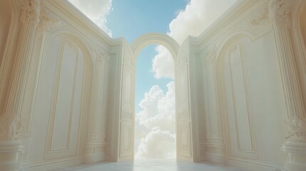 Poster - A serene open door leading into the sky, with clouds visible through the doorway, evoking feelings of freedom and possibility, with soft lighting and tranquility