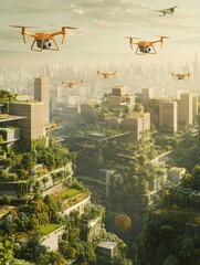 Fototapete - Automated drones controlled by AI deliver goods and monitor urban farm landscapes above a vibrant city skyline. Generative AI