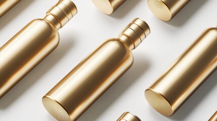 Poster - A set of gold cosmetic bottles mockup on a white background, ready for branding, featuring sleek, modern design with customizable labels