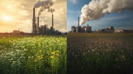 Poster - A side-by-side visual of a green, flourishing landscape with pure air and a polluting factory, emphasizing the effects of pollution on global climate change