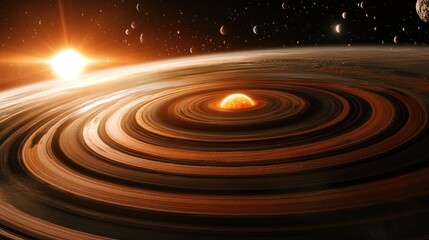 Poster - A stunning space scene featuring a colorful planet encircled by radiant rings, with the sun glowing in the distance and distant planets scattered in the cosmos