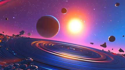 Poster - A stunning space scene featuring a colorful planet encircled by radiant rings, with the sun glowing in the distance and distant planets scattered in the cosmos