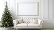 © Natchooda - A stylish holiday living room featuring a blank white frame on a pristine wall, white sofa, and a decorated Christmas tree, adding a touch of elegance and warmth