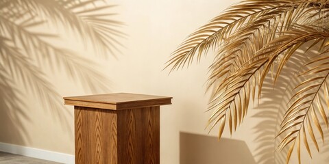 Poster - Minimalist Wooden Pedestal Against a Soft Beige Wall With Golden Palm Fronds Cast in Sunlight
