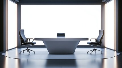 Aufkleber - A stylish news studio with a white table and black chairs, against a blank white LED screen, creating a professional and neutral backdrop for a television interview or broadcast