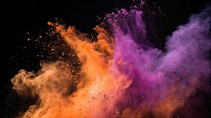 Poster - Abstract Color Explosion A Vivid Dance of Orange and Purple Powder Against a Black Background