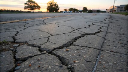 Poster - A close-up view of a cracked asphalt road, revealing the underlying layers and texture of the pavement, a subtle reminder of time's passage and the enduring resilience of nature's forces.