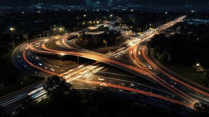 Aufkleber - An aerial view of a complex highway intersection at night, with streaks of car lights, urban lights in the distance, and a dynamic flow of traffic