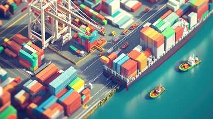 Aufkleber - An aerial view of a logistics hub, with a cargo ship and trucks loading and unloading goods, illustrating the expanding transportation network for the import and export industry