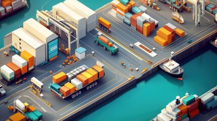 Aufkleber - An aerial view of a logistics hub, with a cargo ship and trucks loading and unloading goods, illustrating the expanding transportation network for the import and export industry