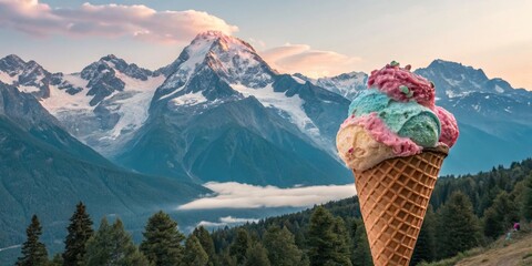Poster - A refreshing ice cream cone held against the backdrop of a majestic mountain range at dusk.