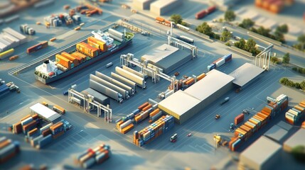 Aufkleber - An aerial view of a logistics hub, with a cargo ship and trucks loading and unloading goods, illustrating the expanding transportation network for the import and export industry