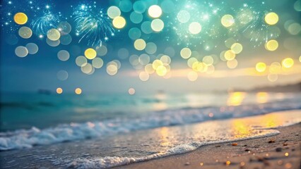 Poster - Sparkling Fireworks Reflecting on a Serene Ocean Shoreline