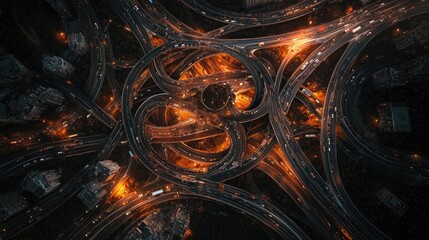 Aufkleber - An intricate highway intersection captured from above at night, with illuminated roads and vehicles creating a dynamic scene of urban transportation