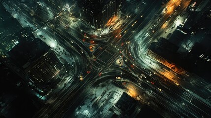 Aufkleber - An intricate highway intersection captured from above at night, with illuminated roads and vehicles creating a dynamic scene of urban transportation
