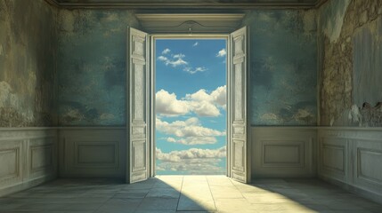 Poster - An open door standing in a peaceful, empty room, framing a breathtaking view of the sky and clouds, offering a sense of limitless freedom and openness