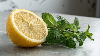 Poster - A zesty lemon wedge and a sprig of fresh mint leaves on a neutral surface