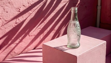 Poster - A single, empty glass bottle stands on a pink concrete platform, bathed in the soft, dappled light cast by the shadow of palm leaves on the wall.