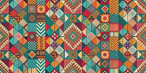 Wall Mural - Abstract geometric fabric pattern design with a variety of shapes and colors, fabric, geometric, pattern, abstract