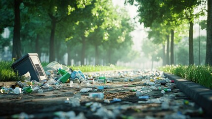 Poster - Concept of pollution with overflowing trash and plastic waste in a park, highlighting the damage caused by waste accumulation in the environment