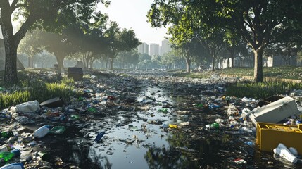 Poster - Concept of pollution with overflowing trash and plastic waste in a park, highlighting the damage caused by waste accumulation in the environment