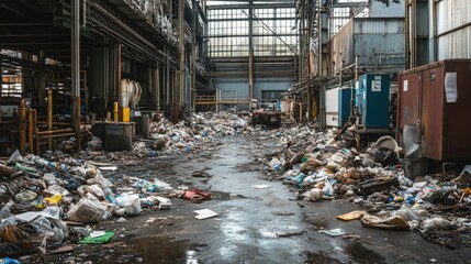 Aufkleber - Industrial debris and hazardous waste in a factory, highlighting the environmental consequences of uncontrolled waste disposal and the pollution it generates