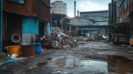 Aufkleber - Industrial waste piles in a factory yard, with discarded metals and hazardous materials, showing the environmental damage caused by poor waste disposal practices