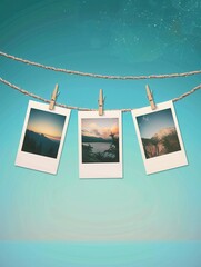 Poster - Polaroid photos displayed on a string with clothespins against a simple blue background creating a minimalist vibe. Generative AI