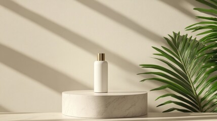Poster - Simple, modern background with a cosmetic bottle on a podium, showcasing a natural vibe with a green plant, perfect for branding and product visuals