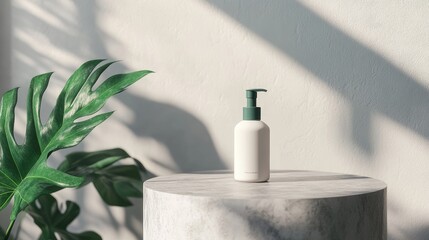 Poster - Simple, modern background with a cosmetic bottle on a podium, showcasing a natural vibe with a green plant, perfect for branding and product visuals