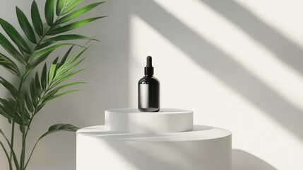 Poster - Simple, modern background with a cosmetic bottle on a podium, showcasing a natural vibe with a green plant, perfect for branding and product visuals