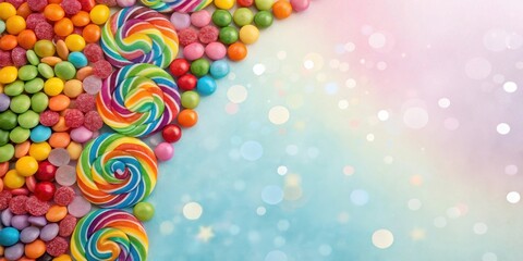 Poster - A colorful border of assorted candies, including lollipops and gumdrops, against a pastel background with soft-focus bokeh effects.