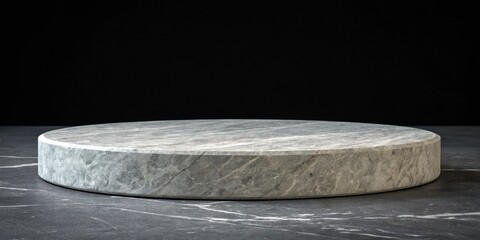 Poster - A circular stone podium on a gray and white marbled surface with a black background