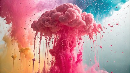 Poster - A pink cloud of liquid swirls and drips downward as yellow and blue wisps of color surround it.