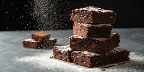 Poster - A stack of freshly baked brownies dusted with powdered sugar, creating a delightful and tempting dessert scene.