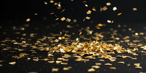 Poster - Golden Confetti Falling on a Black Background, Creating a Festive and Celebratory Atmosphere